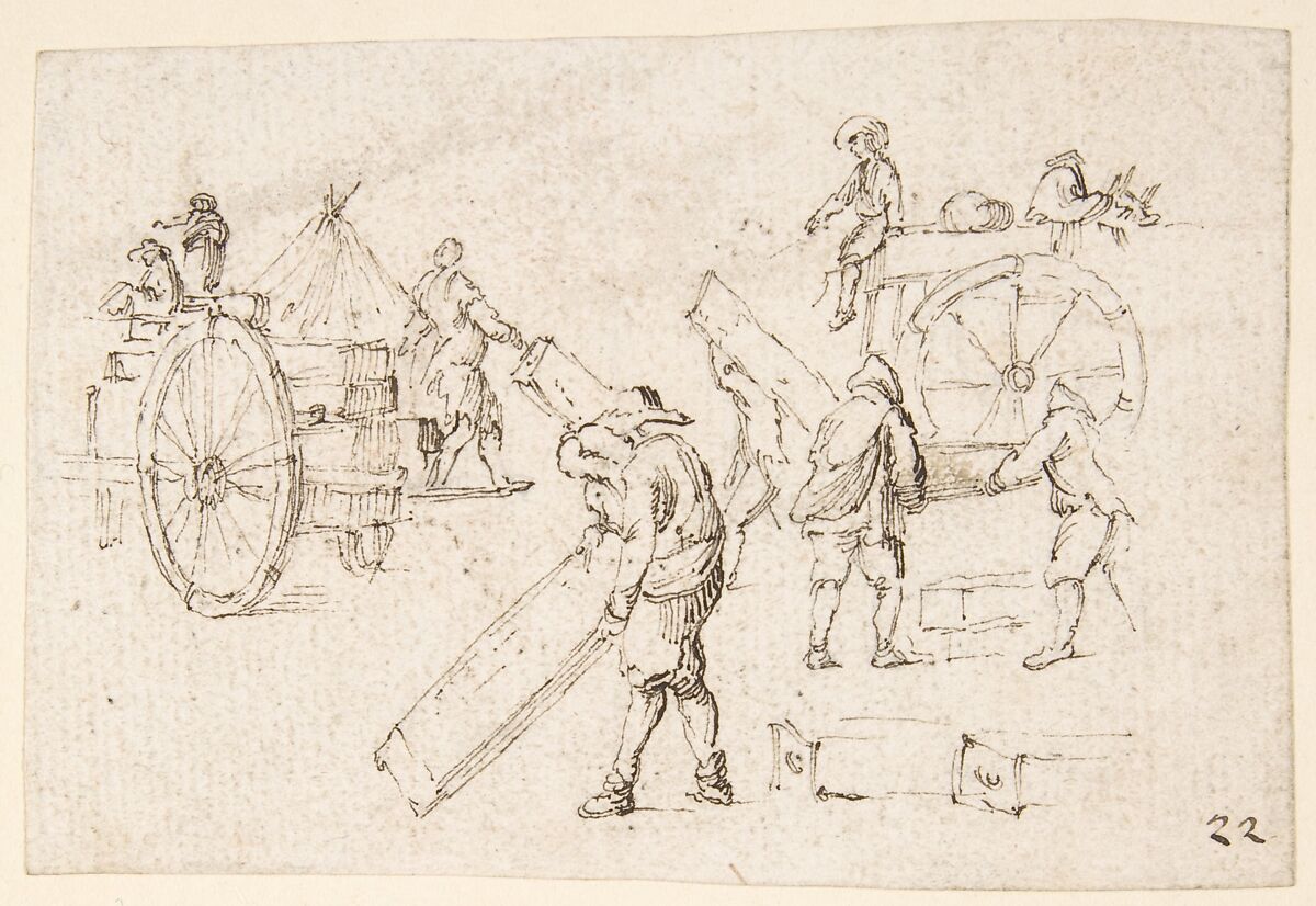 Men Loading Wagons, Stefano della Bella (Italian, Florence 1610–1664 Florence), Pen and brown ink on paper 