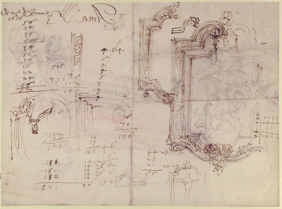 Design for a Cartouche (recto); Designs for Frames (verso), Stefano della Bella (Italian, Florence 1610–1664 Florence), Pen and brown ink, over red chalk (recto); pen and brown ink, over black chalk (verso)
