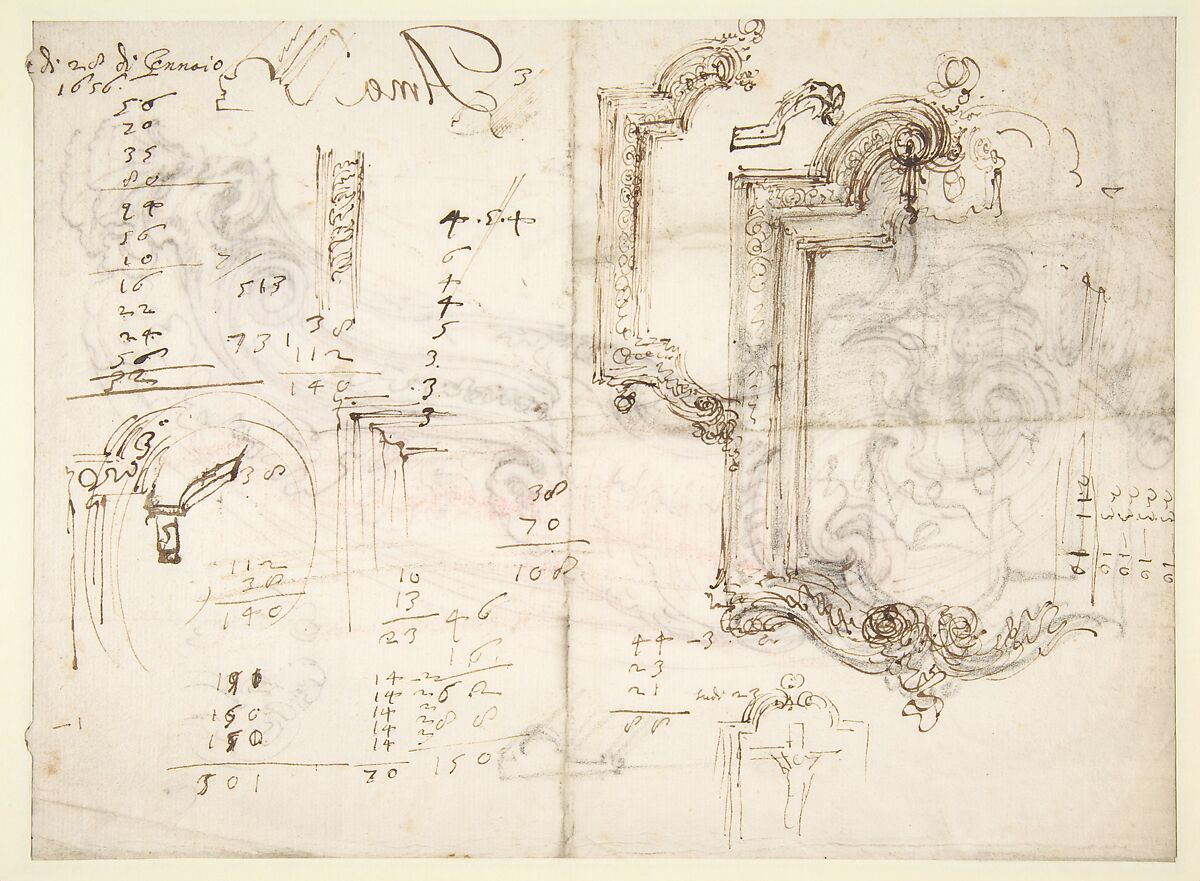 Design for a Cartouche (recto); Designs for Frames (verso), Stefano della Bella (Italian, Florence 1610–1664 Florence), Pen and brown ink, over red chalk (recto); pen and brown ink, over black chalk (verso)
