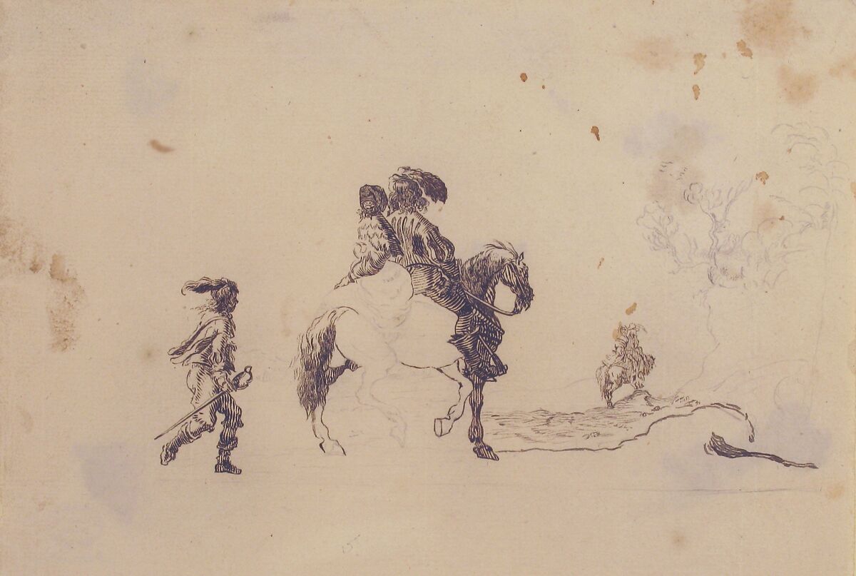 Two Figures on Horseback, a Soldier Walking Behind, Stefano della Bella (Italian, Florence 1610–1664 Florence), Pen and brown ink, over red chalk (recto); pen and brown ink, over black chalk (verso)