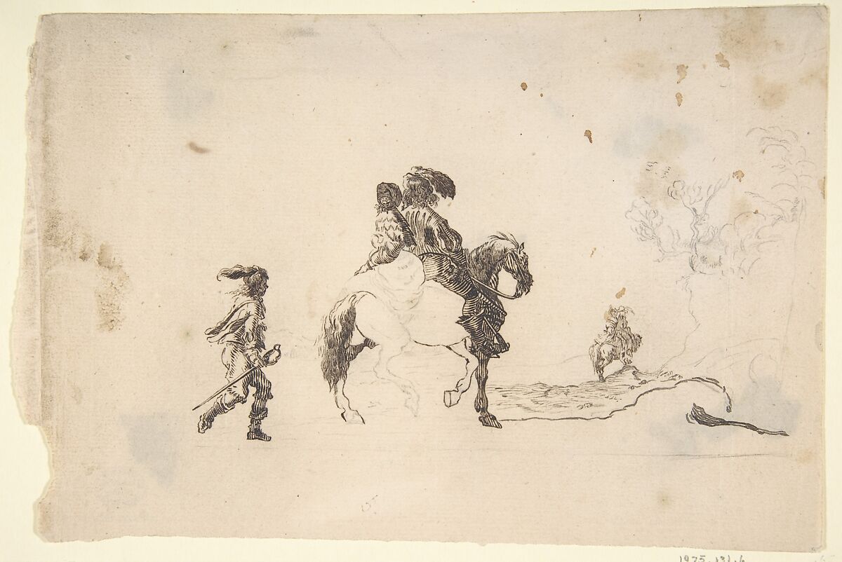 Two Figures on Horseback, a Soldier Walking Behind, Stefano della Bella (Italian, Florence 1610–1664 Florence), Pen and brown ink, over red chalk (recto); pen and brown ink, over black chalk (verso) 