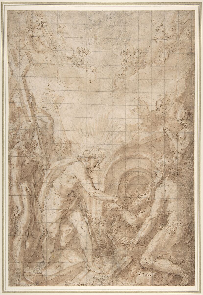Christ in Limbo:  Design for the Standard of a Confraternity, Filippo Bellini (Italian, Urbino 1550/55–1604 Macerata), Pen and brown ink, brush and brown wash, over black chalk or leadpoint; squared in black chalk or leadpoint 