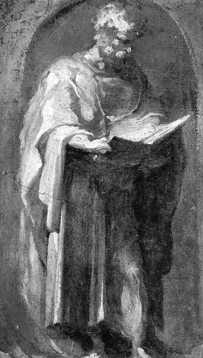 Saint Mark, Domenico Beccafumi (Italian, Cortine in Valdibiana Montaperti 1484–1551 Siena), Brush with brown, beige, and cream-colored tempera and emulsion, on paper.