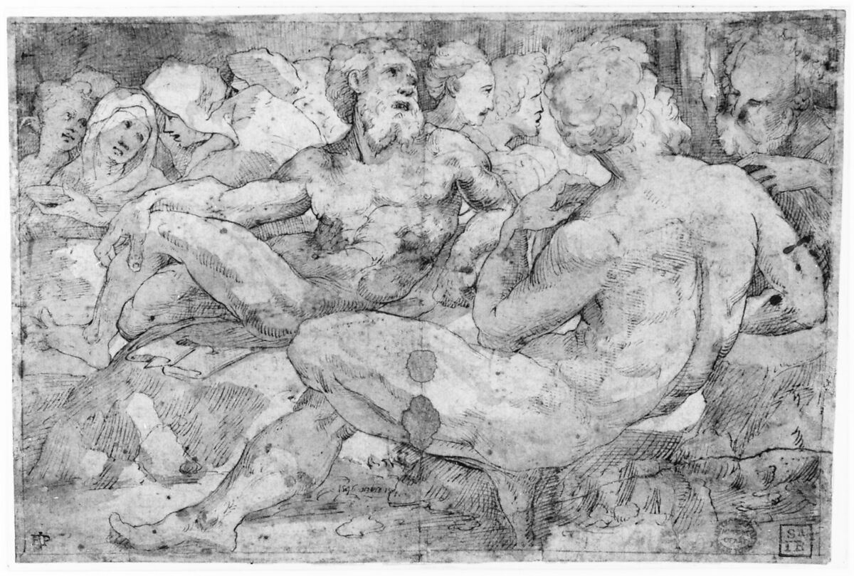 Copy in Reverse Design Orientation: Based on the Group of Reclining Figures at Left in Domenico Beccafumi's Scene of Moses Striking the Rock in the Pavement of Siena Cathedral, After Domenico Beccafumi (Italian, Cortine in Valdibiana Montaperti 1484–1551 Siena), Pen and brown ink, brush and brown wash, over traces of black chalk; framing lines in pen and brown ink