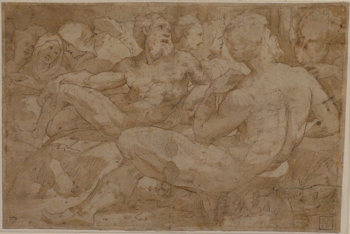 Copy in Reverse Design Orientation: Based on the Group of Reclining Figures at Left in Domenico Beccafumi's Scene of Moses Striking the Rock in the Pavement of Siena Cathedral, After Domenico Beccafumi (Italian, Cortine in Valdibiana Montaperti 1484–1551 Siena), Pen and brown ink, brush and brown wash, over traces of black chalk; framing lines in pen and brown ink