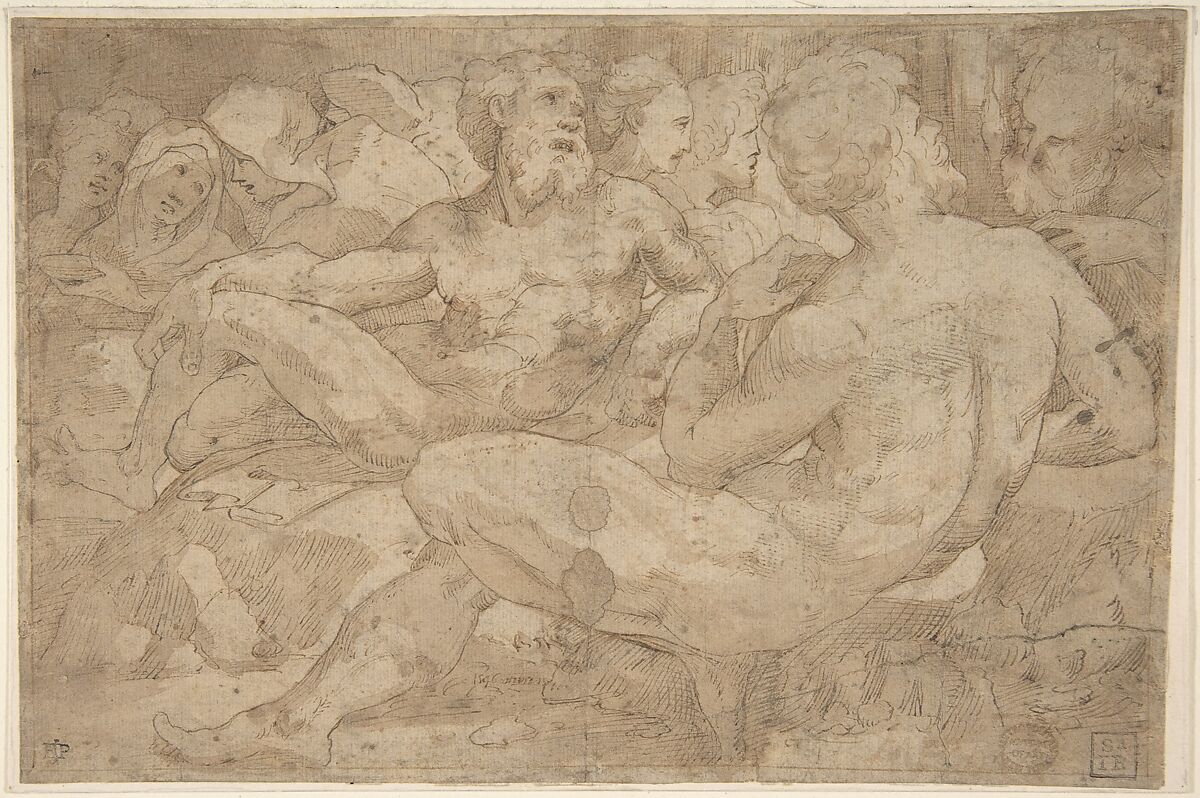 Copy in Reverse Design Orientation: Based on the Group of Reclining Figures at Left in Domenico Beccafumi's Scene of Moses Striking the Rock in the Pavement of Siena Cathedral, After Domenico Beccafumi (Italian, Cortine in Valdibiana Montaperti 1484–1551 Siena), Pen and brown ink, brush and brown wash, over traces of black chalk; framing lines in pen and brown ink 