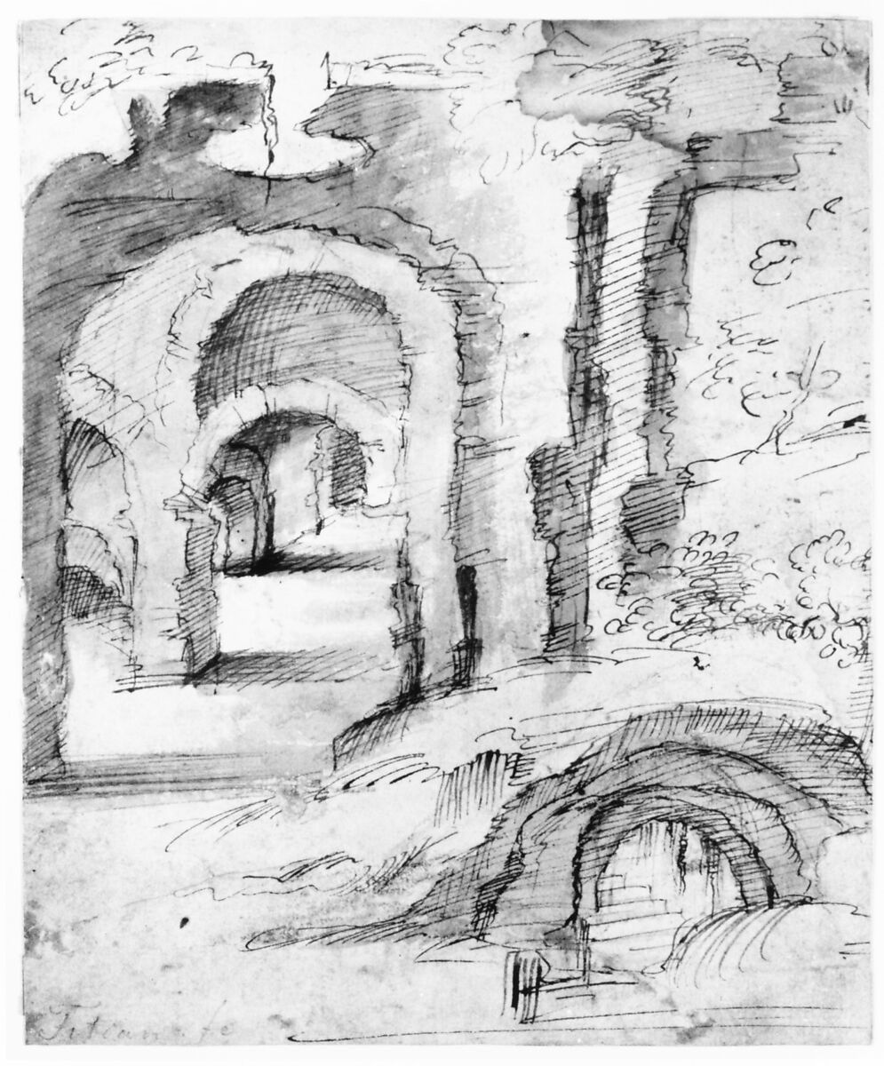 Landscape with Catacombs, Domenico Beccafumi (Italian, Cortine in Valdibiana Montaperti 1484–1551 Siena), Pen and ink, brush and brown wash, over black chalk