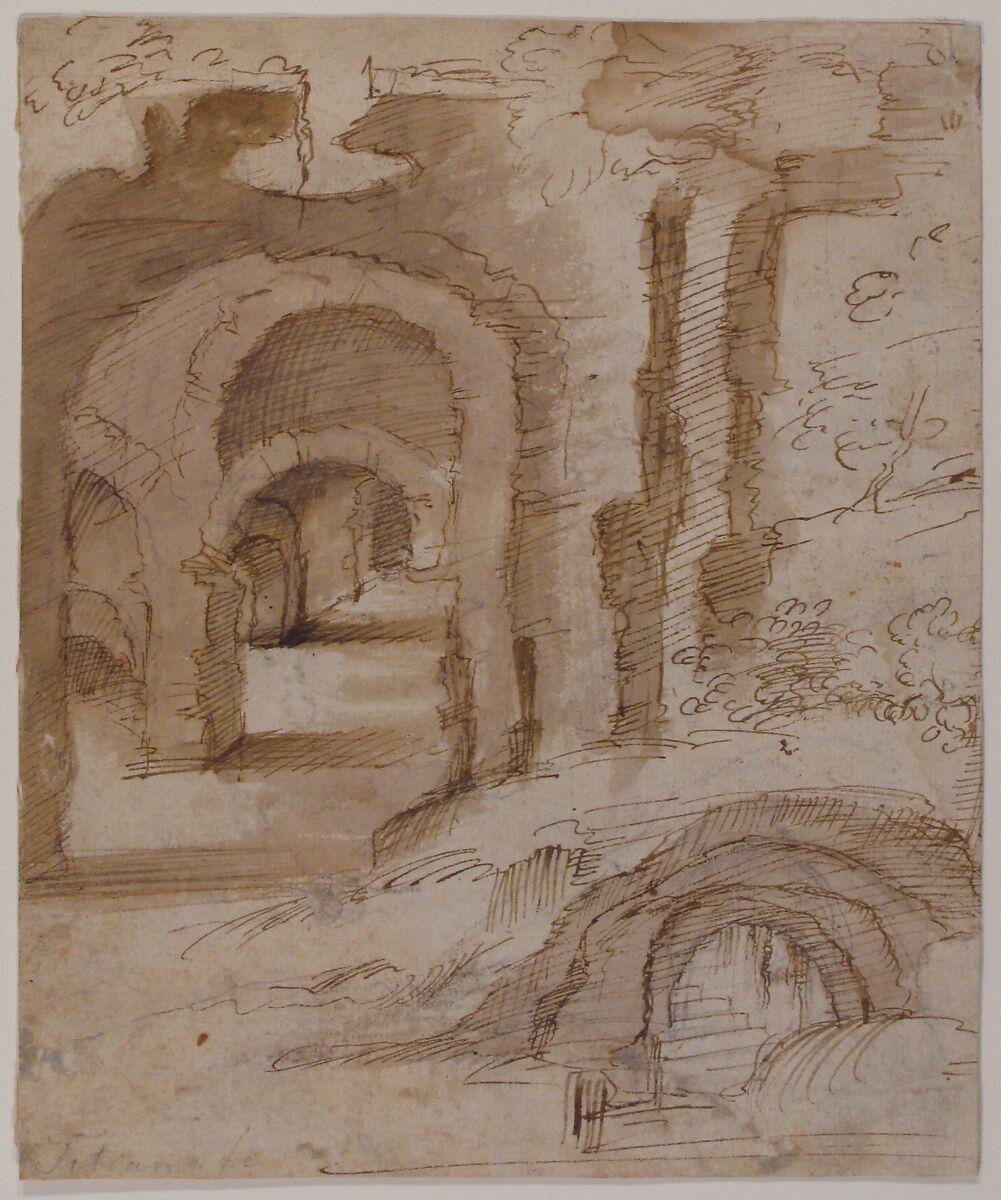 Landscape with Catacombs, Domenico Beccafumi (Italian, Cortine in Valdibiana Montaperti 1484–1551 Siena), Pen and ink, brush and brown wash, over black chalk