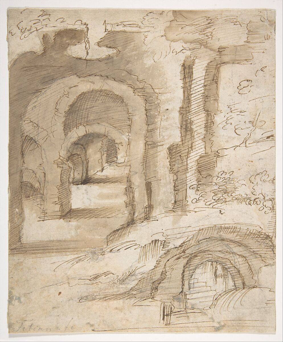 Landscape with Catacombs, Domenico Beccafumi (Italian, Cortine in Valdibiana Montaperti 1484–1551 Siena), Pen and ink, brush and brown wash, over black chalk 