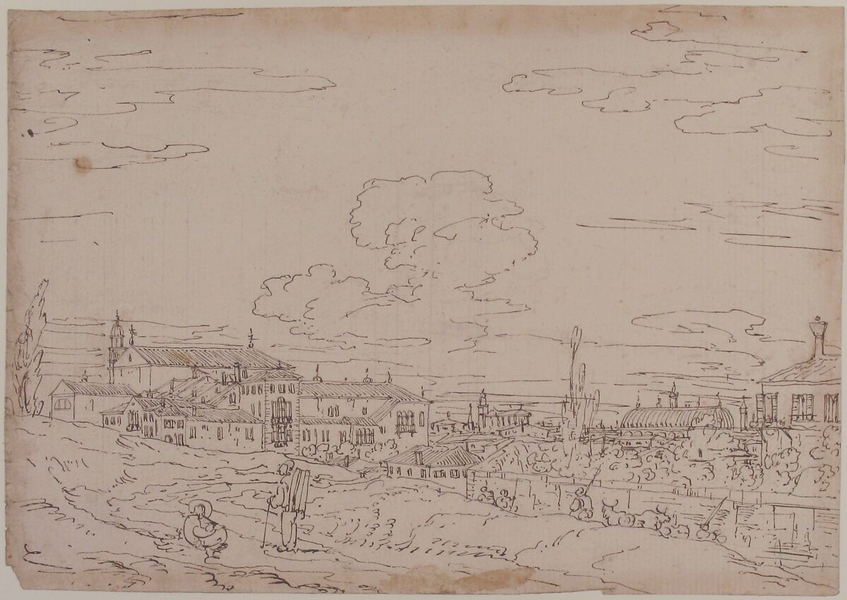 Padua from the East, with San Francesco and the Salone, Bernardo Bellotto (Italian, Venice 1722–1780 Warsaw), Pen and brown ink, over constructed outline drawing in graphite or lead