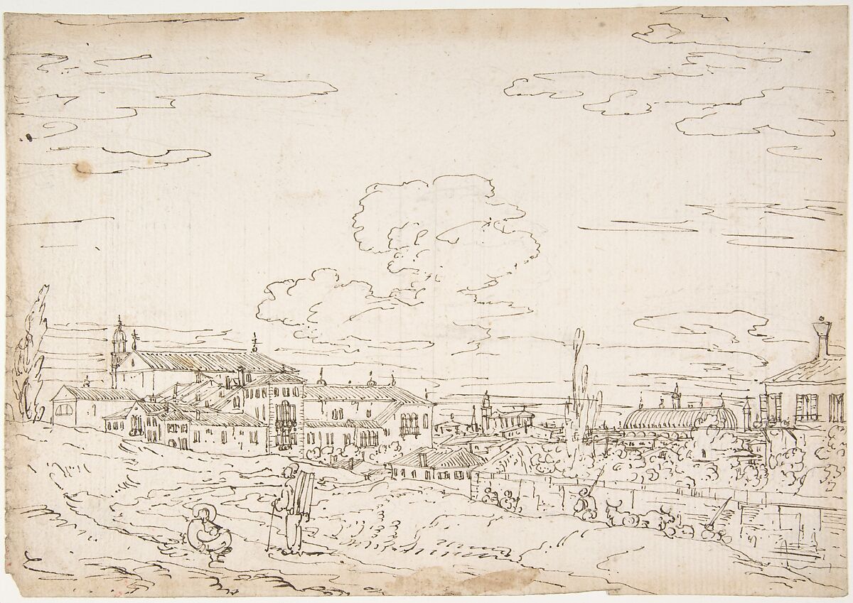 Padua from the East, with San Francesco and the Salone, Bernardo Bellotto (Italian, Venice 1722–1780 Warsaw), Pen and brown ink, over constructed outline drawing in graphite or lead 