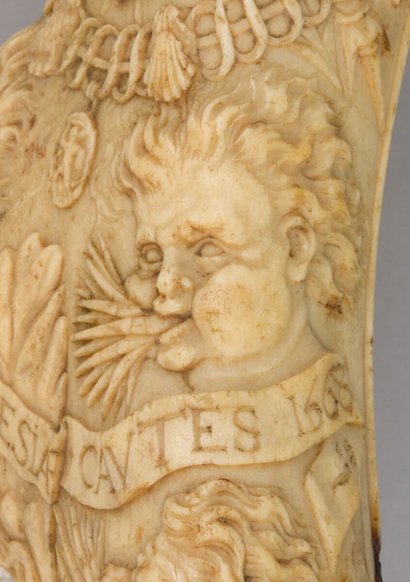 Powder Flask of Jacques de Silly (1513–1571), Antler, French