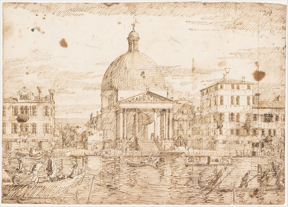 San Simeone Piccolo, Venice, Seen from the Grand Canal, Bernardo Bellotto (Italian, Venice 1722–1780 Warsaw), Pen and brown ink, over constructed outline drawing in graphite or lead and black chalk 