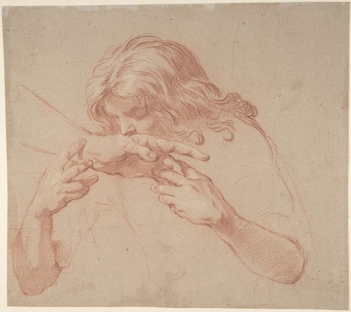 Youth Kissing an Outstretched Hand, attributed to Marco Benefial (Italian, Rome 1684–1764 Rome) - now Anonymous Italian - Roman ?, Red chalk, highlighted with white, on beige paper 
