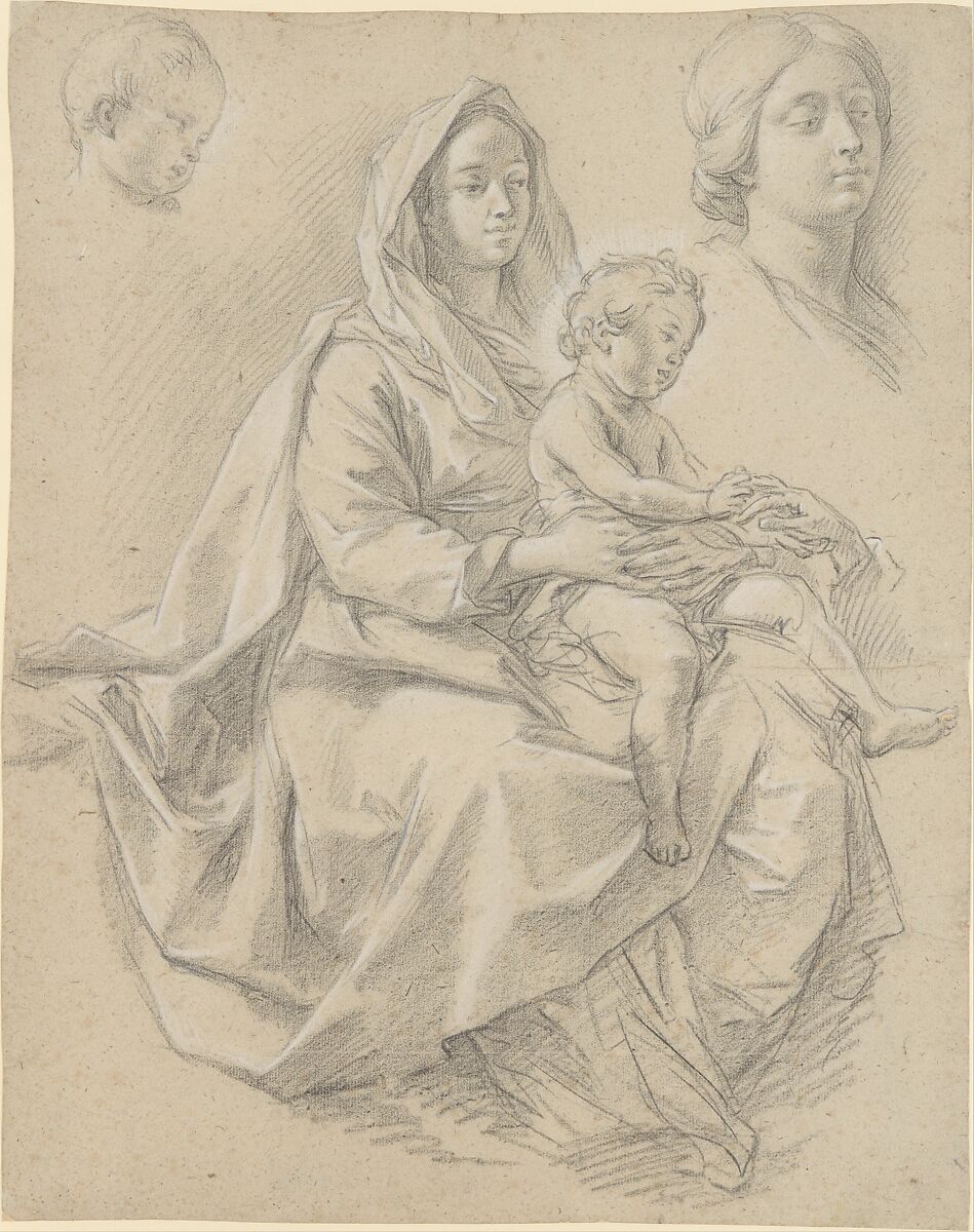 Seated Woman with a Child on her Lap (Study for a Mystic Marriage of St. Catherine of Alexandria), Etienne Parrocel (French, Avignon 1696–1776 Rouen), Black chalk heightened with white 