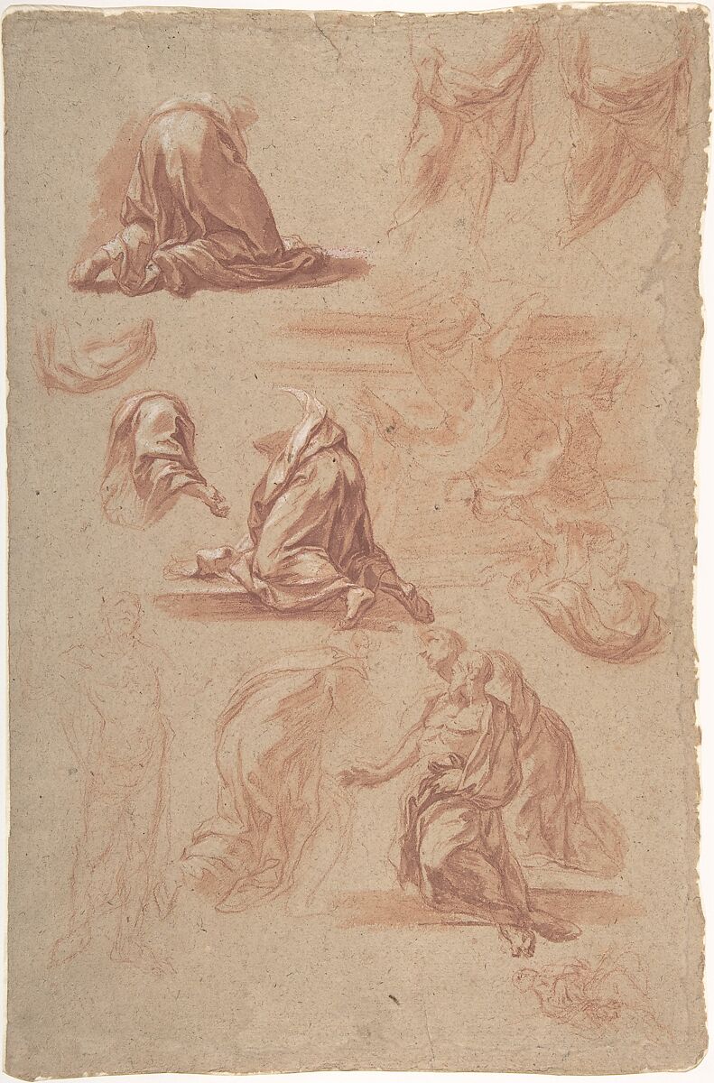 Figural Studies, Marco Benefial (Italian, Rome 1684–1764 Rome), Red chalk, brush and red wash. highlighted with white, on light brown paper 
