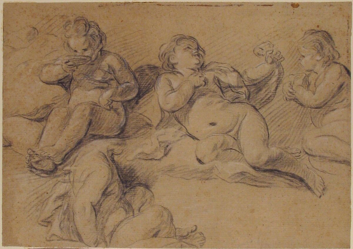 Four Studies of a Nude Child, Joseph François Parrocel (French, Avignon 1704–1781 Paris), Black chalk, heightened with white on beige paper 