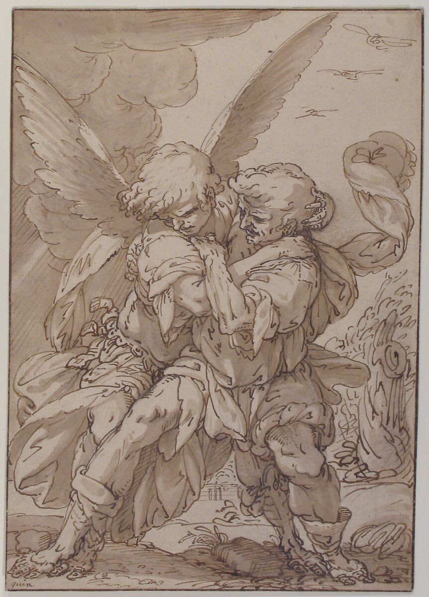 Jacob Wrestling with the Angel, attributed to Giulio Benso (Italian, Pieve di Teco 1592–1668 Pieve di Teco), Pen and brown ink, brush and brown wash over traces of black chalk