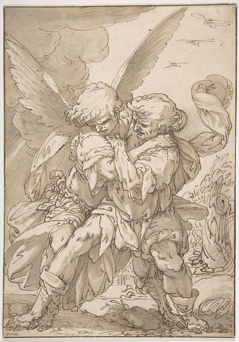 Jacob Wrestling with the Angel, attributed to Giulio Benso (Italian, Pieve di Teco 1592–1668 Pieve di Teco), Pen and brown ink, brush and brown wash over traces of black chalk 