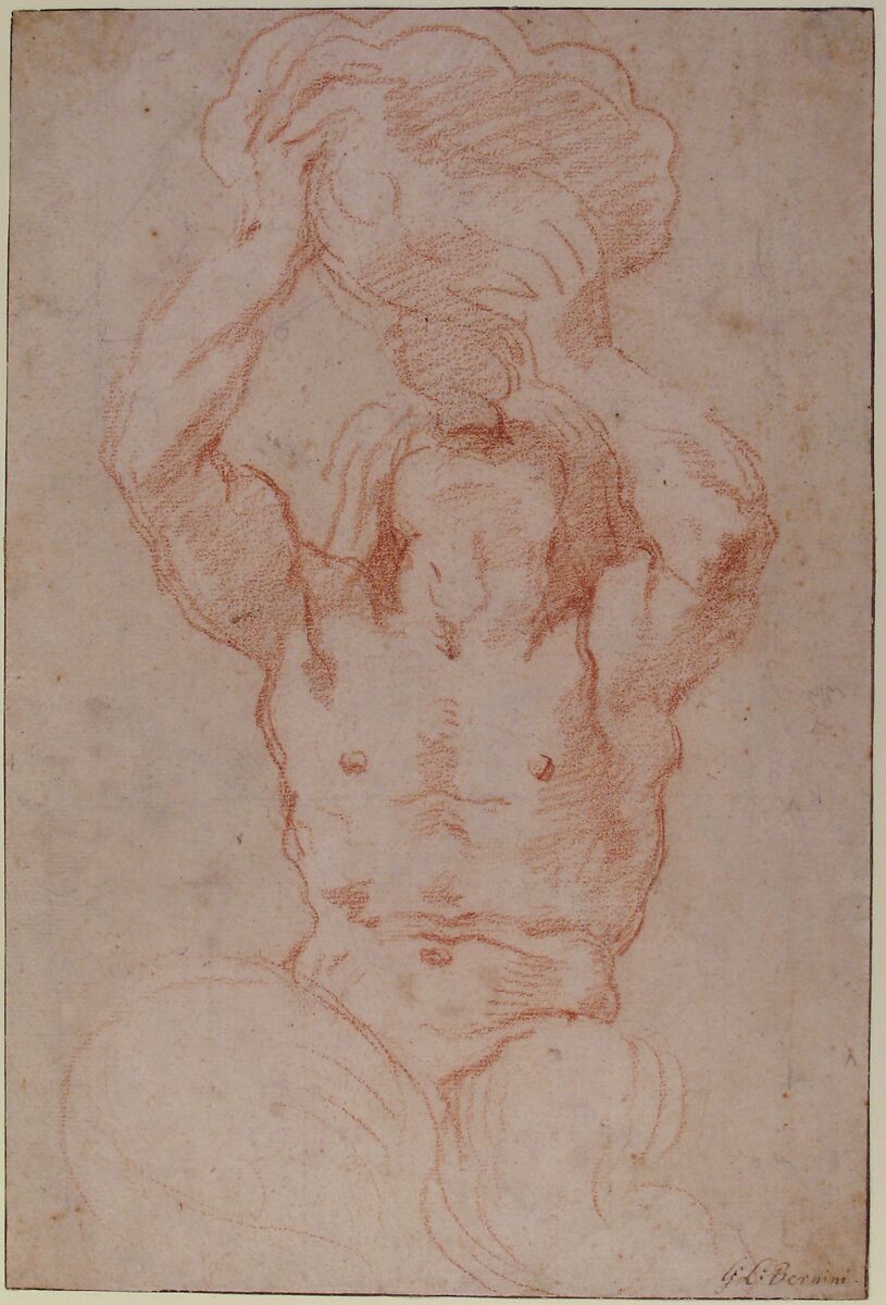 Study for a Triton (recto); Anatomical Studies ? (verso), Gian Lorenzo Bernini (Italian, Naples 1598–1680 Rome), Red chalk, the background tinted with an almost imperceptible pale brown wash, framing lines in pen and brown ink (recto); black chalk (verso)