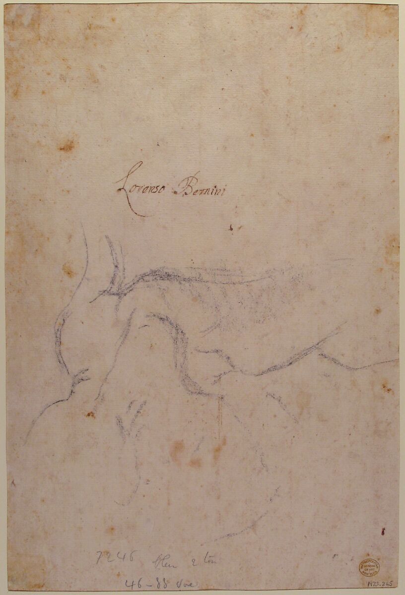 Study for a Triton (recto); Anatomical Studies ? (verso), Gian Lorenzo Bernini (Italian, Naples 1598–1680 Rome), Red chalk, the background tinted with an almost imperceptible pale brown wash, framing lines in pen and brown ink (recto); black chalk (verso)