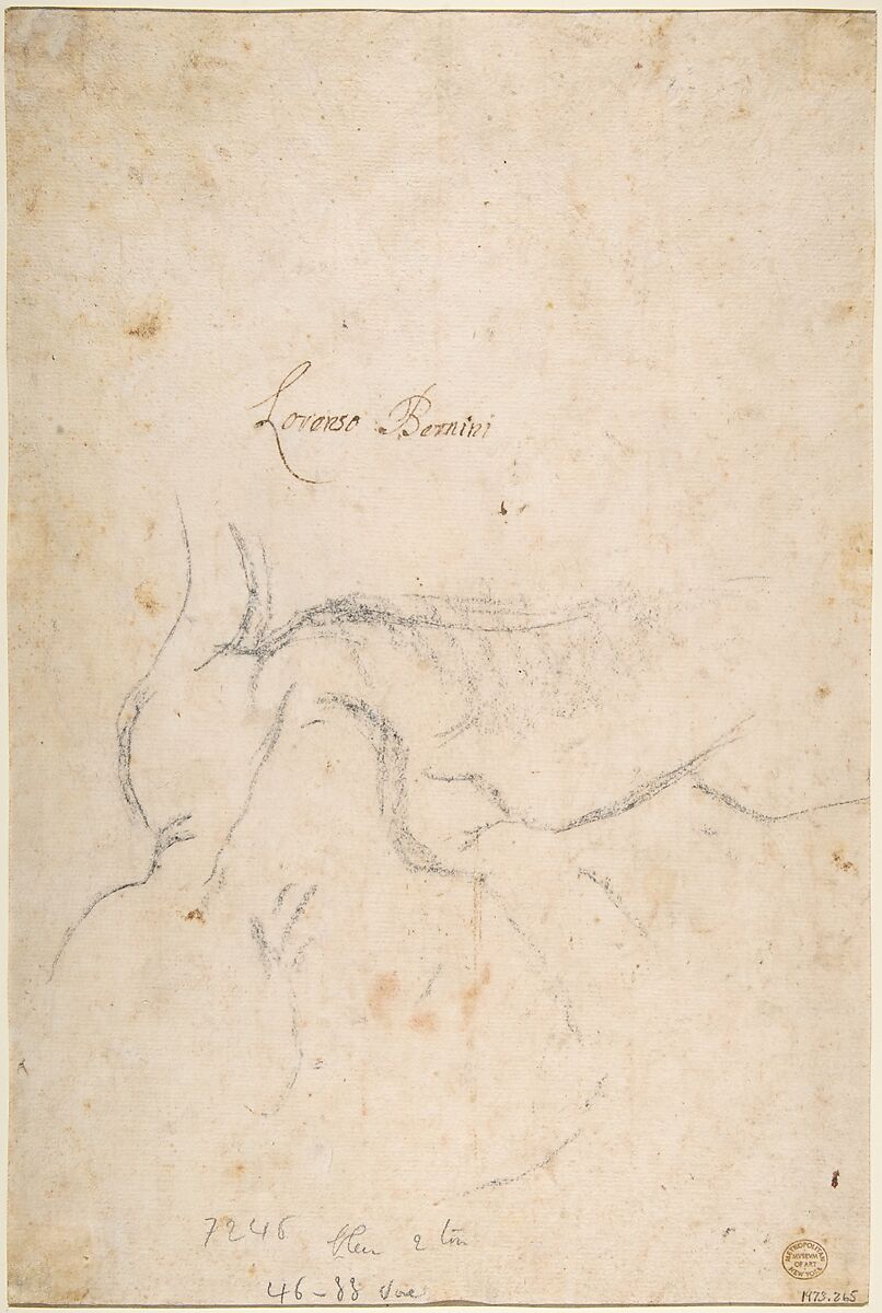 Study for a Triton (recto); Anatomical Studies ? (verso), Gian Lorenzo Bernini (Italian, Naples 1598–1680 Rome), Red chalk, the background tinted with an almost imperceptible pale brown wash, framing lines in pen and brown ink (recto); black chalk (verso)