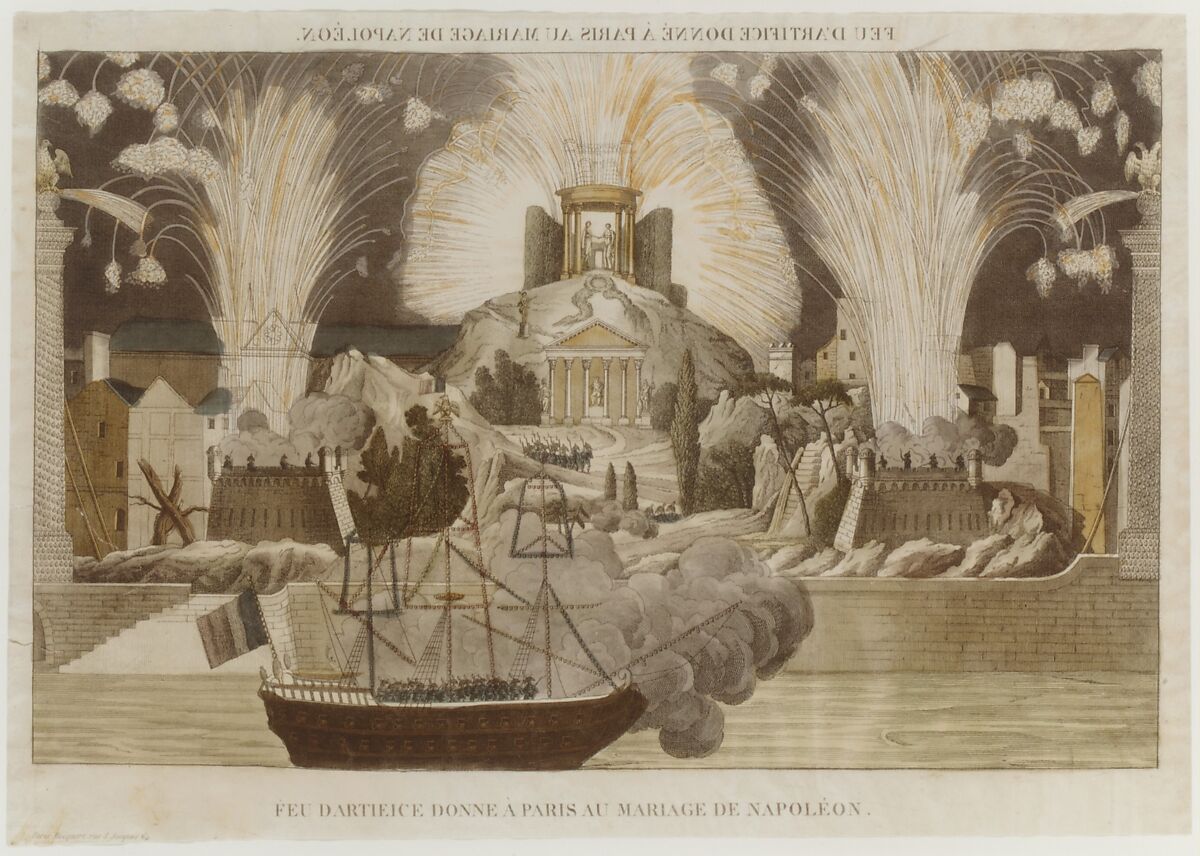Feu d'Artifice donné à  Paris au Mariage de Napoléon, Anonymous, French, 19th century, Etching and engraving, hand-colored
