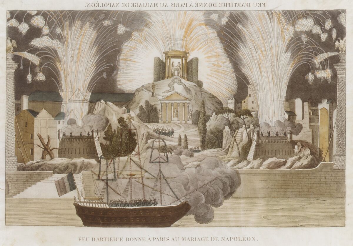 Feu d'Artifice donné à  Paris au Mariage de Napoléon, Anonymous, French, 19th century, Etching and engraving, hand-colored 