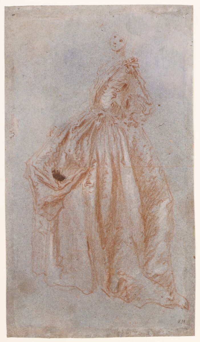 Man Leaning on a Wall (recto), Jean-Baptiste Joseph Pater (French, Valenciennes 1695–1736 Paris), Red chalk heightened with white, on blue paper