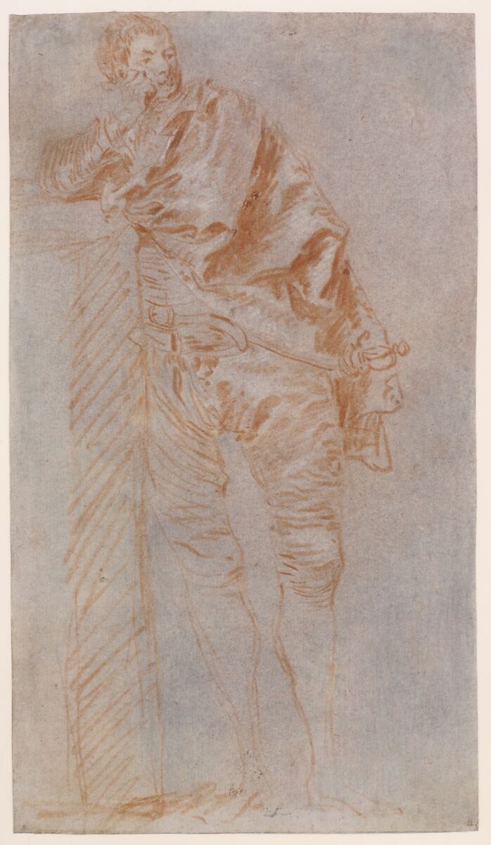 Man Leaning on a Wall (recto), Jean-Baptiste Joseph Pater  French, Red chalk heightened with white, on blue paper