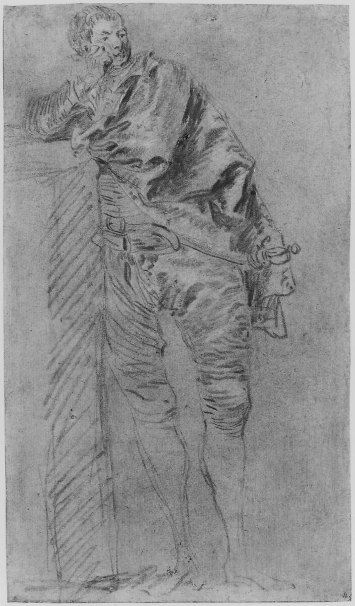 Man Leaning on a Wall (recto), Jean-Baptiste Joseph Pater (French, Valenciennes 1695–1736 Paris), Red chalk heightened with white, on blue paper