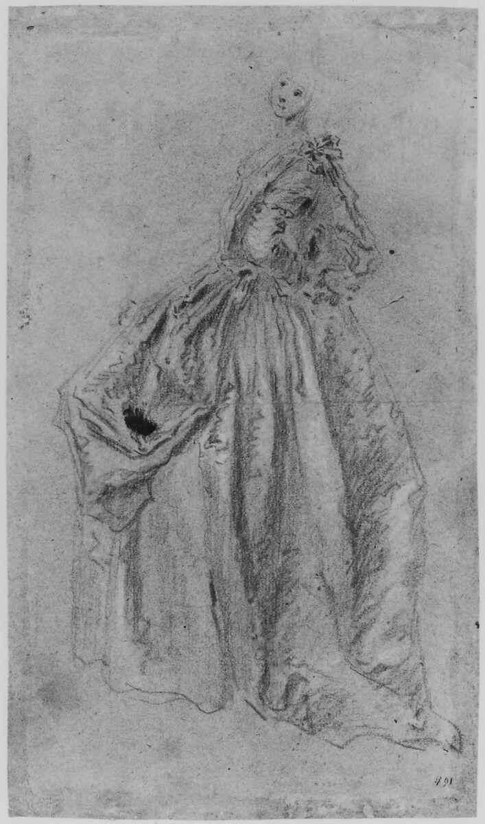 Man Leaning on a Wall (recto), Jean-Baptiste Joseph Pater (French, Valenciennes 1695–1736 Paris), Red chalk heightened with white, on blue paper