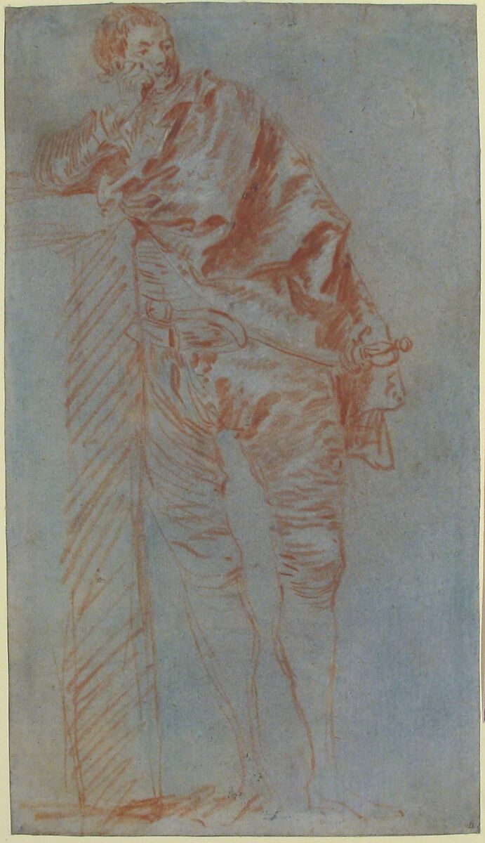 Man Leaning on a Wall (recto), Jean-Baptiste Joseph Pater (French, Valenciennes 1695–1736 Paris), Red chalk heightened with white, on blue paper