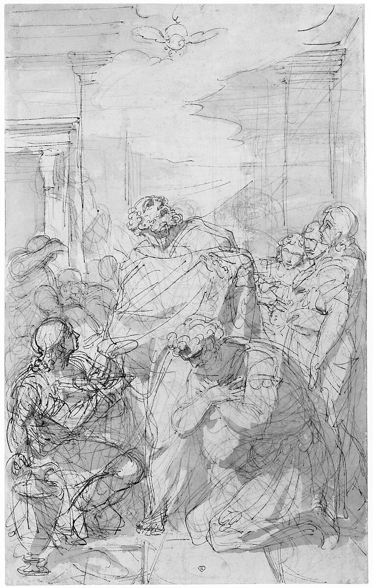 St. Peter Baptizing Cornelius (Acts 10: 44-48), Laurent Pécheux (French, Lyons 1729–1821 Turin), Pen and brown ink, brush and gray wash, over red and black chalk