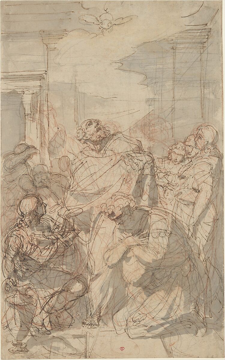 St. Peter Baptizing Cornelius (Acts 10: 44-48), Laurent Pécheux (French, Lyons 1729–1821 Turin), Pen and brown ink, brush and gray wash, over red and black chalk 