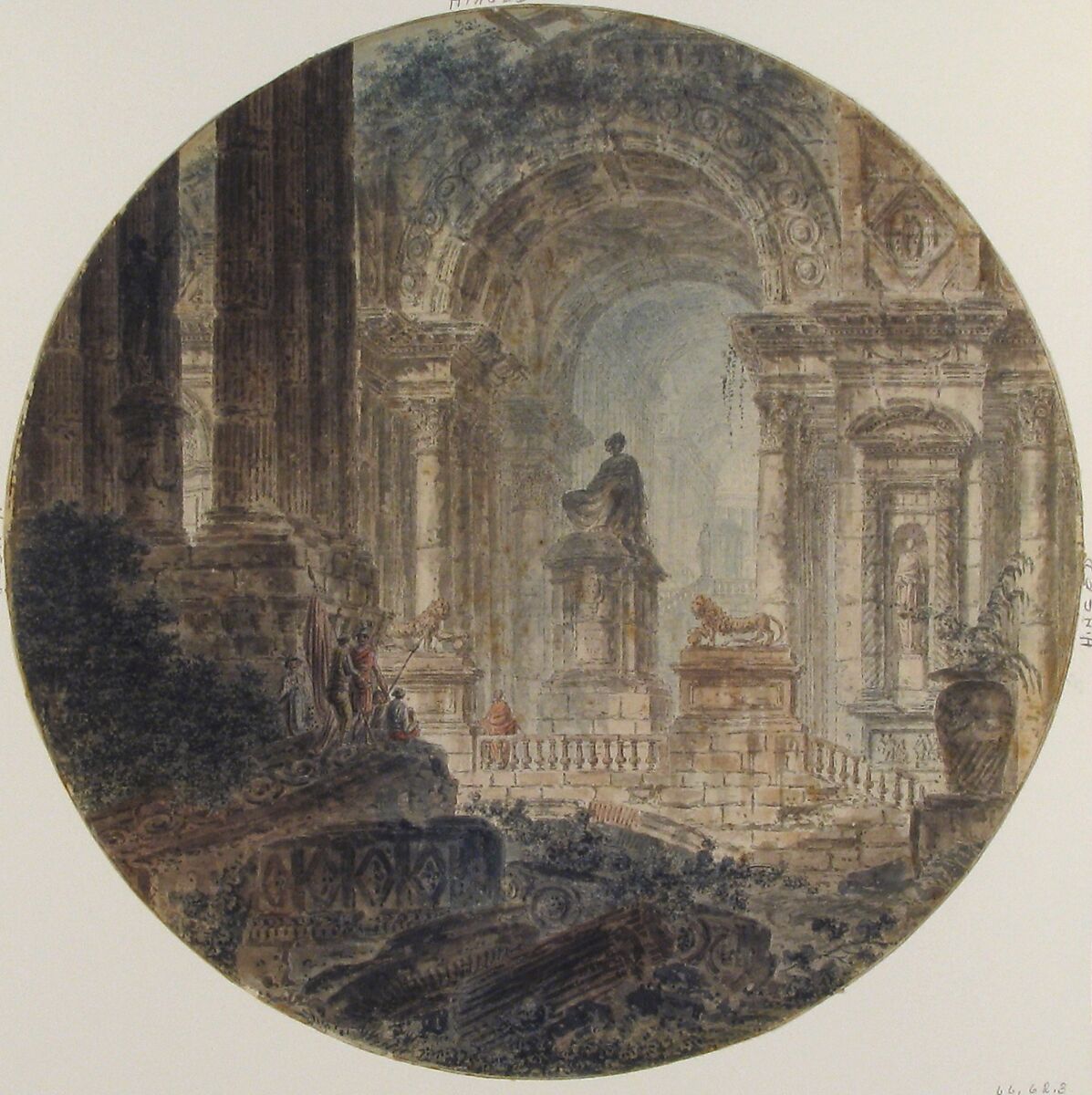 Architectural fantasy, Attributed to Jean Henri Alexandre Pernet (French, Paris 1763–after 1789), Pen and black ink, watercolor