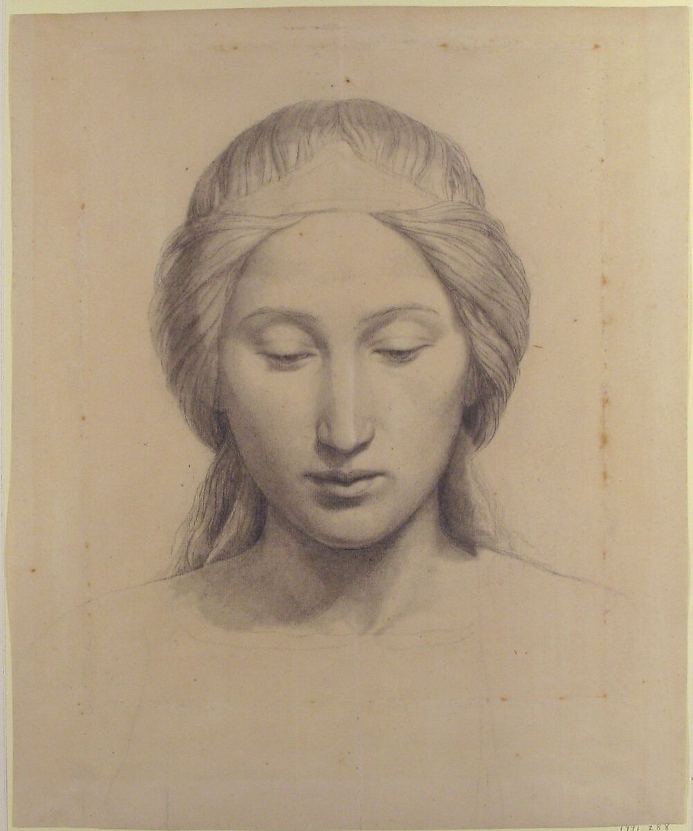 Head of an Angel, Alphonse-Henri Périn (French, Paris 1798–1874 Paris), Black chalk, stumped, heightened with white
