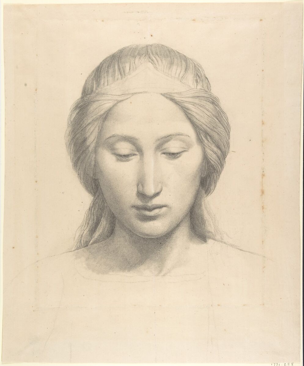 Head of an Angel, Alphonse-Henri Périn (French, Paris 1798–1874 Paris), Black chalk, stumped, heightened with white 