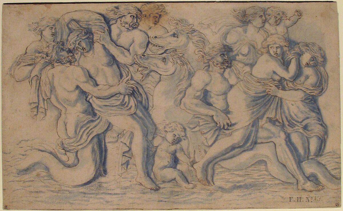 Tritons Carrying Off Nereids, Attributed to François Perrier (French, Saint-Jean-du-Losne/Mâcon 1584–1650 Paris), Pen and brown ink, blue wash
