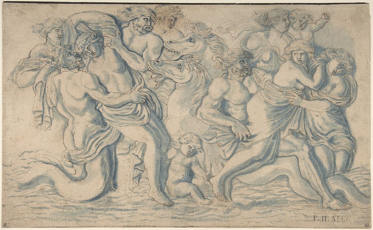 Tritons Carrying Off Nereids, Attributed to François Perrier (French, Saint-Jean-du-Losne/Mâcon 1584–1650 Paris), Pen and brown ink, blue wash 