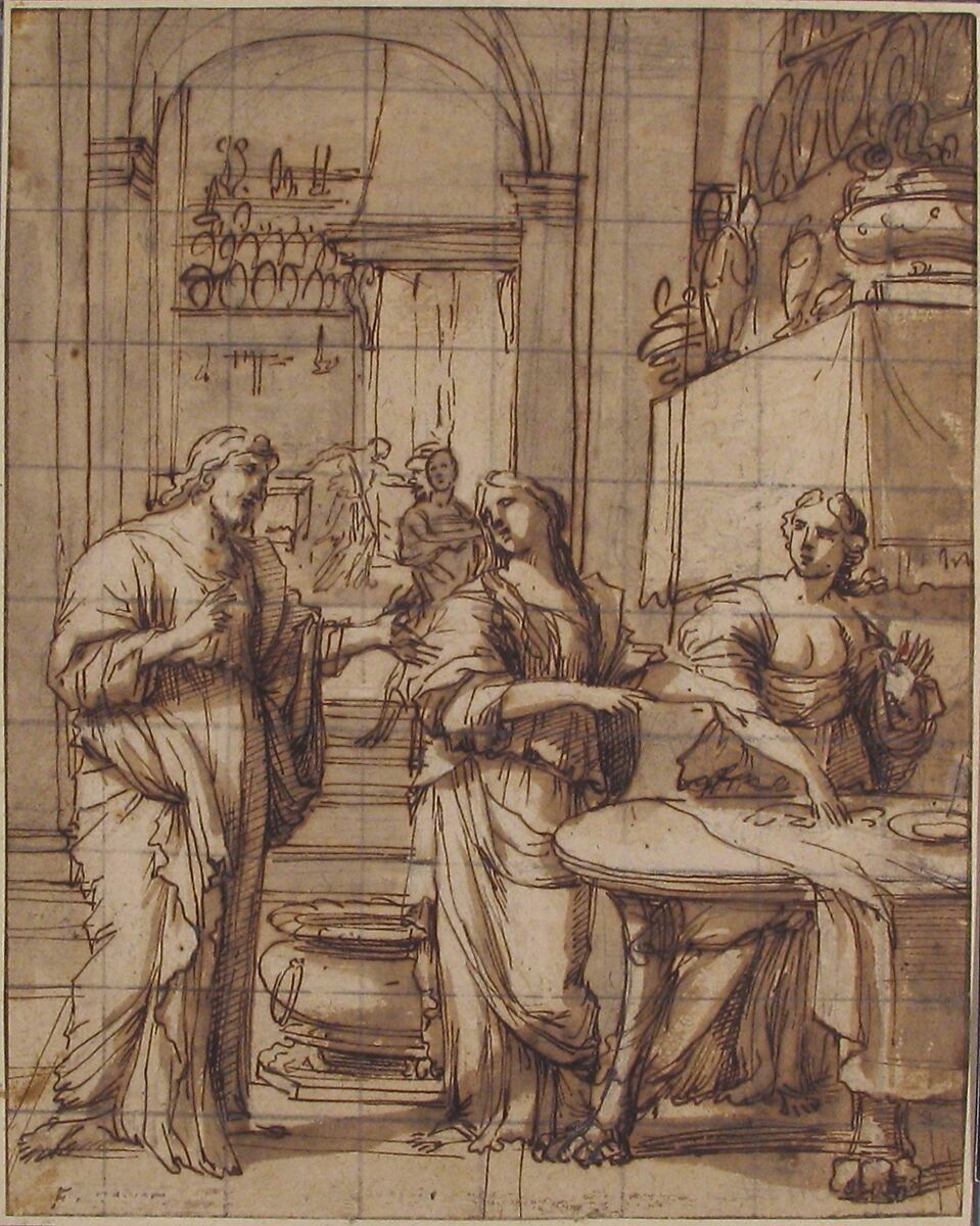 Christ in the House of Martha and Mary, François Perrier (French, Saint-Jean-du-Losne/Mâcon 1584–1650 Paris), Pen and brown ink, brown wash, over traces of graphite