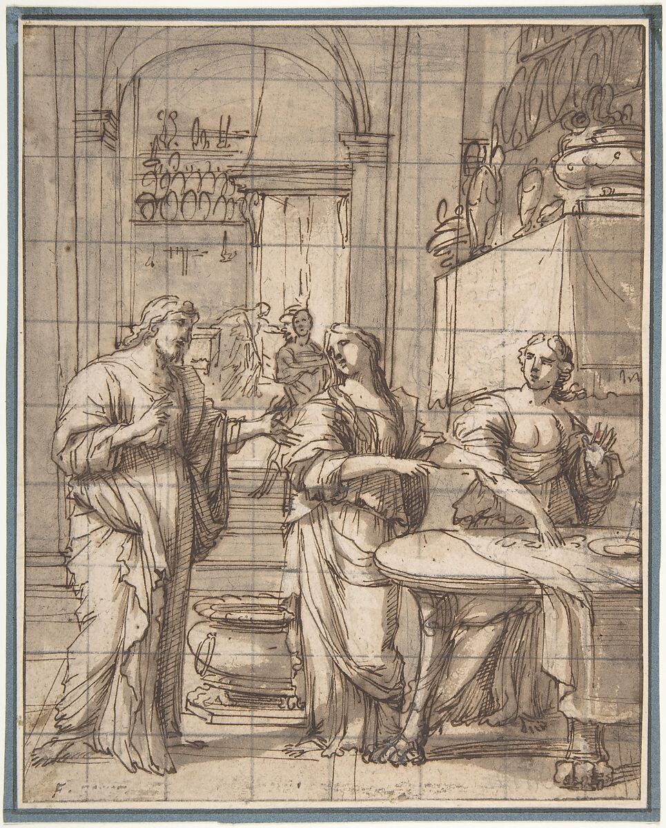 Christ in the House of Martha and Mary, François Perrier (French, Saint-Jean-du-Losne/Mâcon 1584–1650 Paris), Pen and brown ink, brown wash, over traces of graphite 