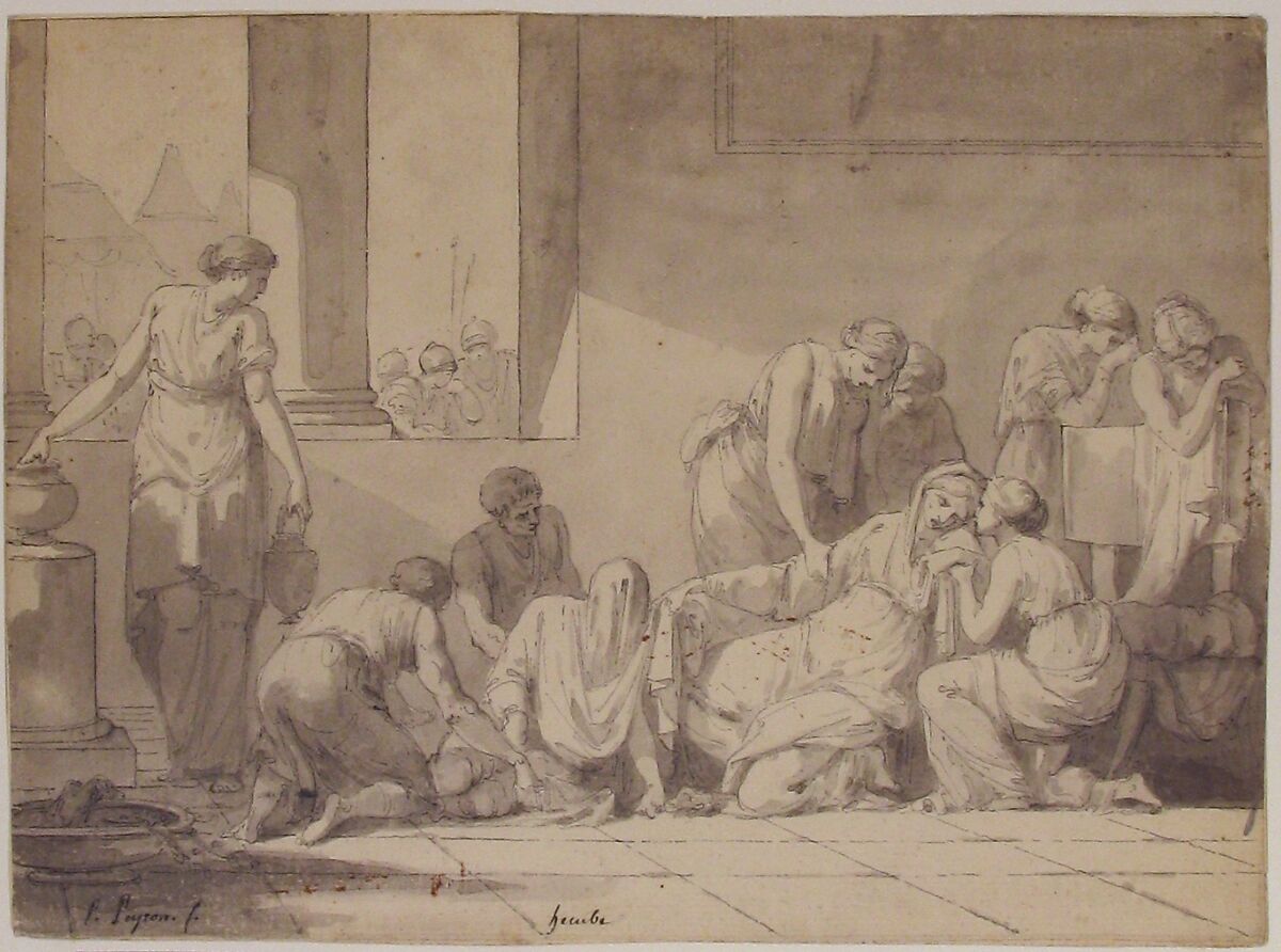 The Despair of Hecuba, Pierre Peyron (French, Aix-en-Provence 1744–1814 Paris), Pen and black ink, gray wash