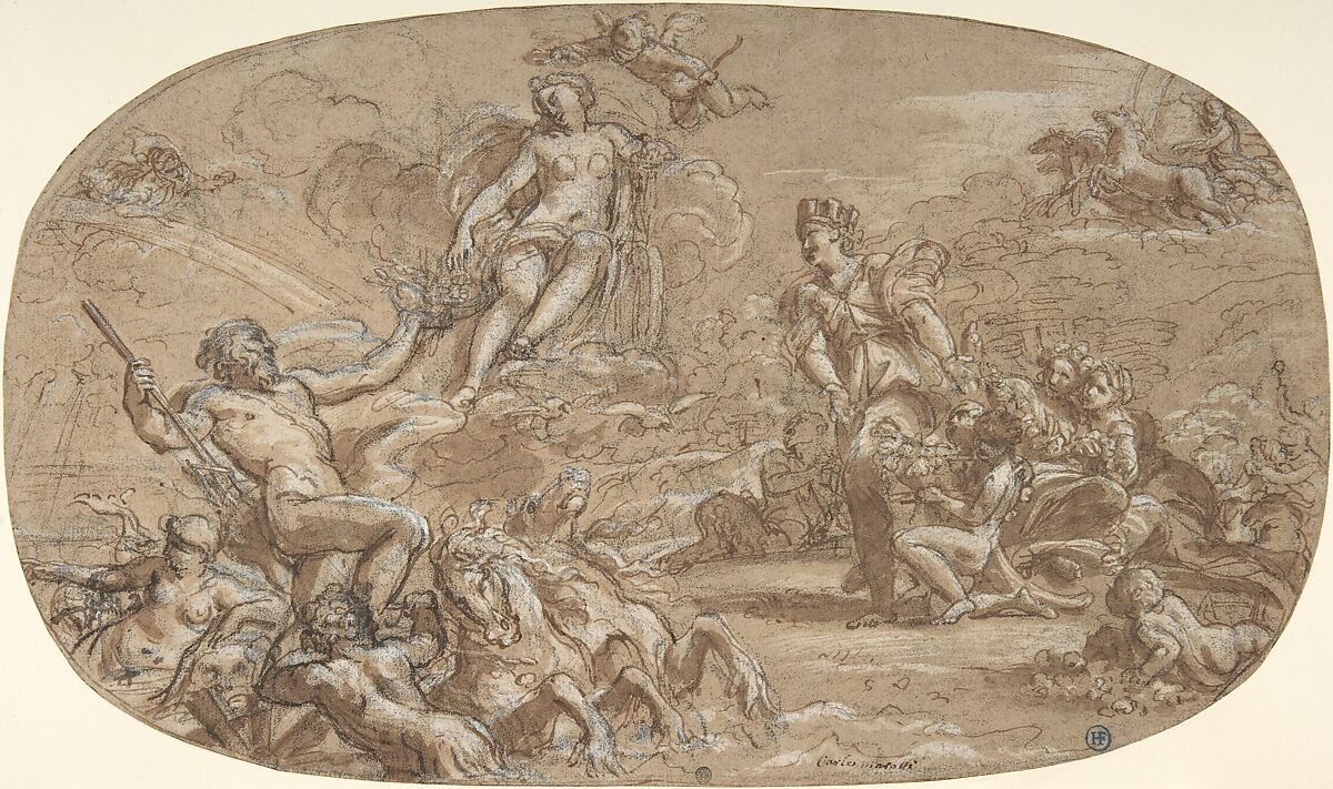 The Birth of Venus, with Neptune, Cybele and the Chariot of the Sun (Homage to Venus), Niccolò Berrettoni (Italian, Macerata Feltrina, near Perugia 1637–1682 Rome), Pen and brown ink, brush and brown wash over black chalk, highlighted with white on beige paper 
