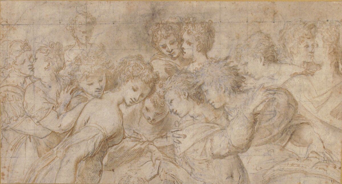 Embracing Female Figures, Some Holding Musical Scores., Attributed to Girolamo Mirola (Italian, Bologna documented, 1562–1570), Pen and brown ink, brush and brown wash, partly highlighted with white gouache (somewhat oxidized), over black chalk; squared in black chalk