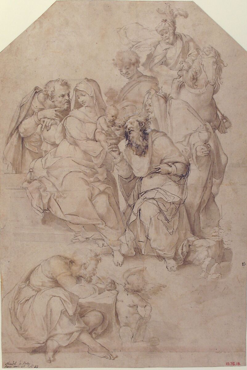 The Adoration of the Magi, Nosadella (Giovanni Francesco Bezzi) (Italian, Bologna (?) ca. 1500–1571 Bologna), Pen and brown ink, brush and brown wash, over traces of black chalk, with some traces of white gouache highlights (oxidized); the kneeling male figure at center reworked by the artist with pen and darker brown ink; a strip of paper added at the bottom and the design of the feet of the figure at lower left completed in brush and brown ink by an early hand, not that of the artist