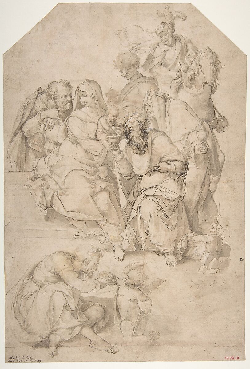 The Adoration of the Magi, Nosadella (Giovanni Francesco Bezzi) (Italian, Bologna (?) ca. 1500–1571 Bologna), Pen and brown ink, brush and brown wash, over traces of black chalk, with some traces of white gouache highlights (oxidized); the kneeling male figure at center reworked by the artist with pen and darker brown ink; a strip of paper added at the bottom and the design of the feet of the figure at lower left completed in brush and brown ink by an early hand, not that of the artist 