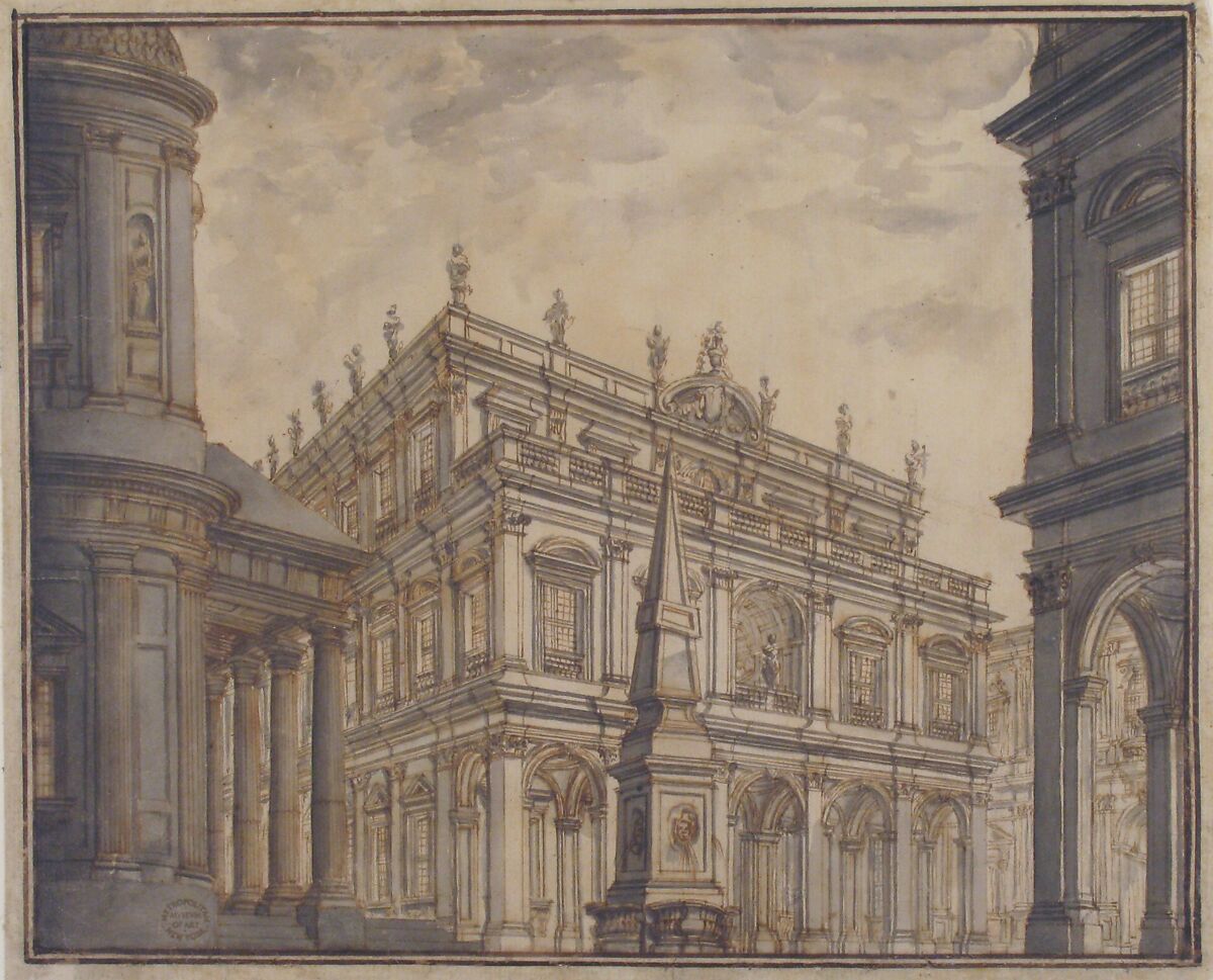 Design for a Stage Set: A Town Square with a Fountain, Ferdinando Galli Bibiena (Italian, Bologna 1657–1743 Bologna), Pen and brown ink, brush and gray and brown wash, over graphite