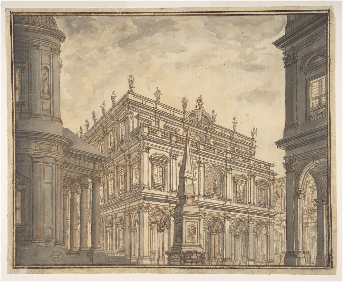 Design for a Stage Set: A Town Square with a Fountain., Ferdinando Galli Bibiena (Italian, Bologna 1657–1743 Bologna), Pen and brown ink, brush with gray and brown wash over graphite 