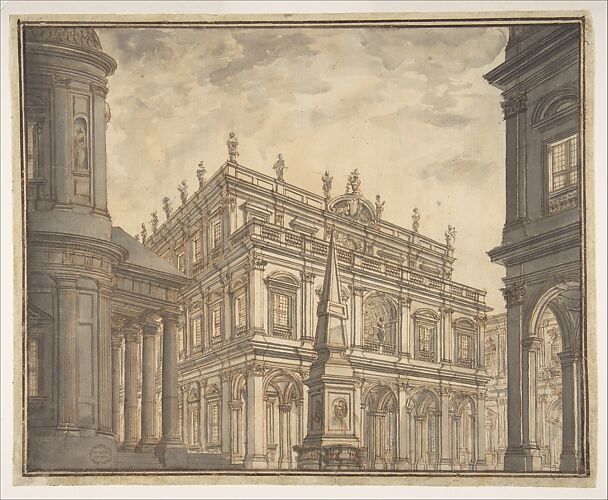 Design for a Stage Set: A Town Square with a Fountain.